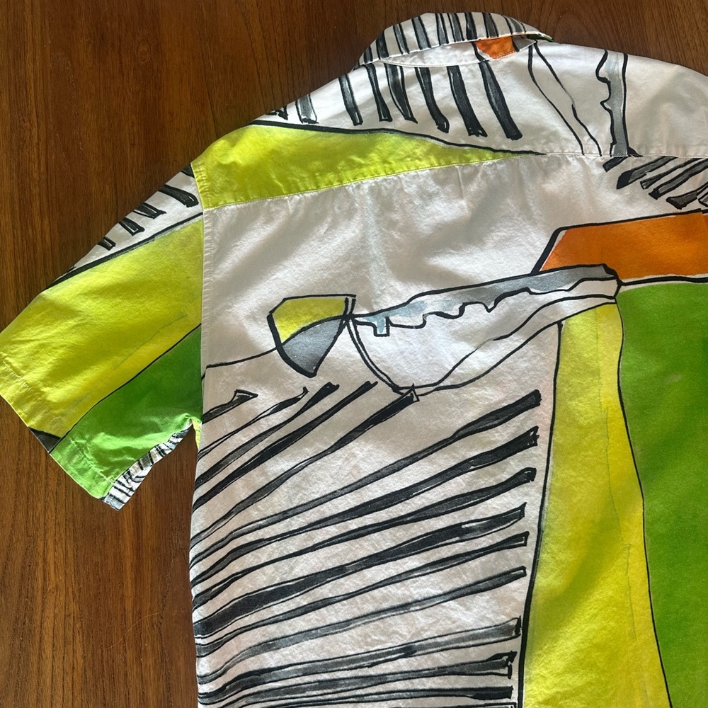 Abstract Cotton Button-Down Shirt - White, Green, Orange & Blue - Picture 8 of 8